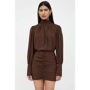 Rony Kobo Yebba Mock Neck Long Sleeve Ruched Pleated Mini Dress Brown Size XS